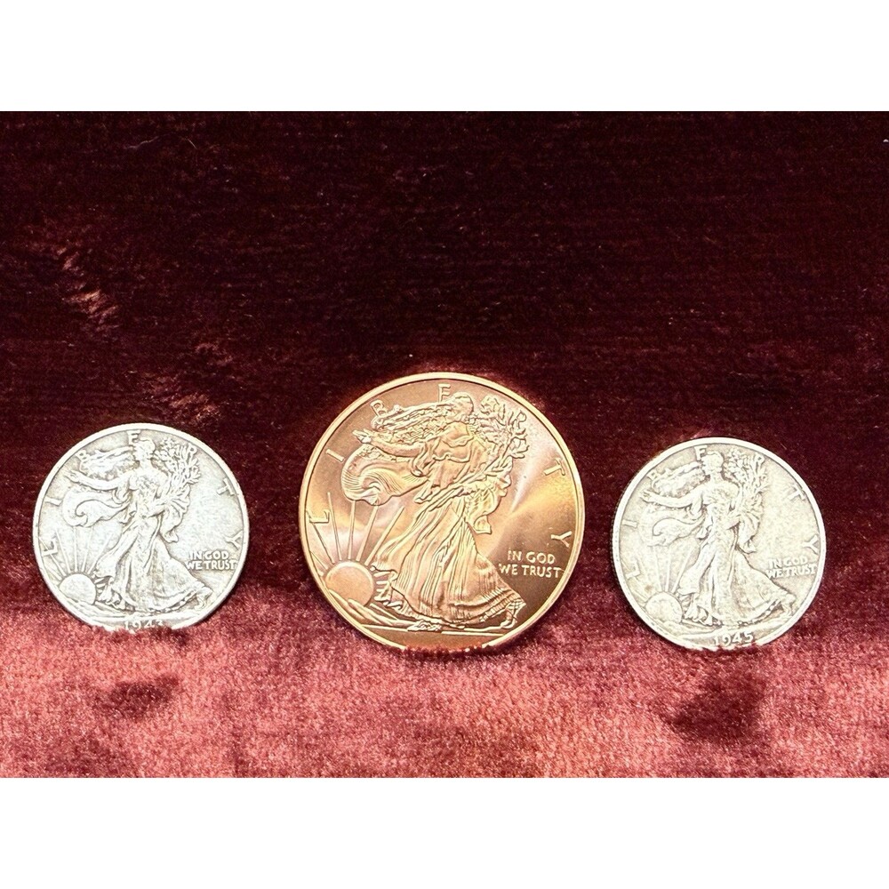 LOT OF 2 WALKING LIBERTY SILVER HALF DOLLARS & 1 Oz Copper Walker. 1943 1945